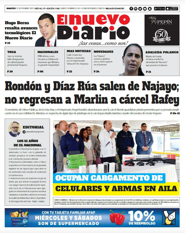 Portada Periódico El Nuevo Diario, Martes 12 de Septiembre 2017