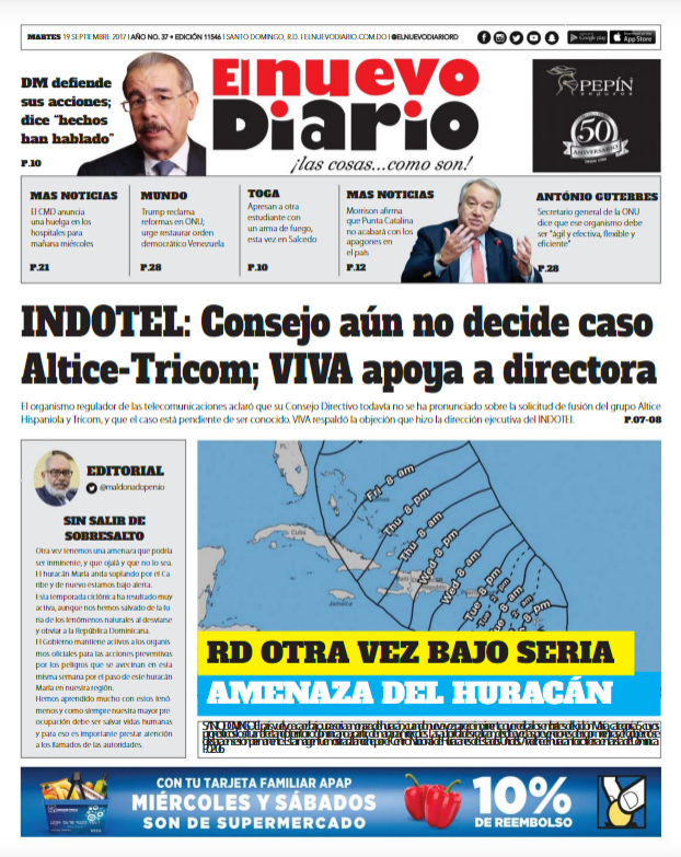 Portada Periódico El Nuevo Diario, Martes 19 de Septiembre 2017