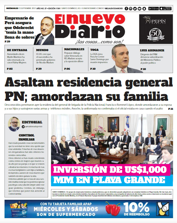 Portada Periódico El Nuevo Diario, Miércoles 13 de Septiembre 2017