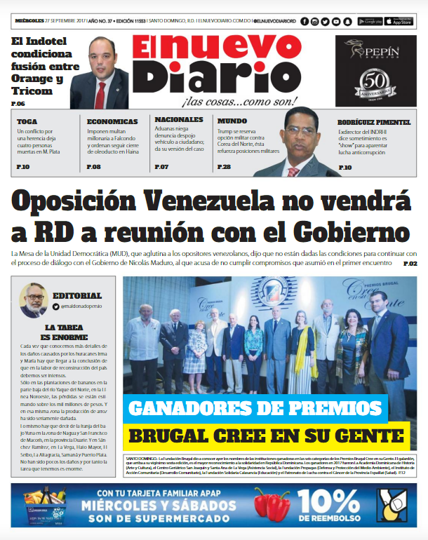 Portada Periódico El Nuevo Diario, Miércoles 27 de Septiembre 2017