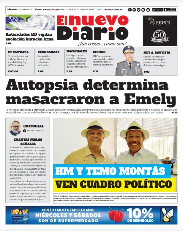 Portada Periódico El Nuevo Diario, Sábado 02 de Septiembre 2017
