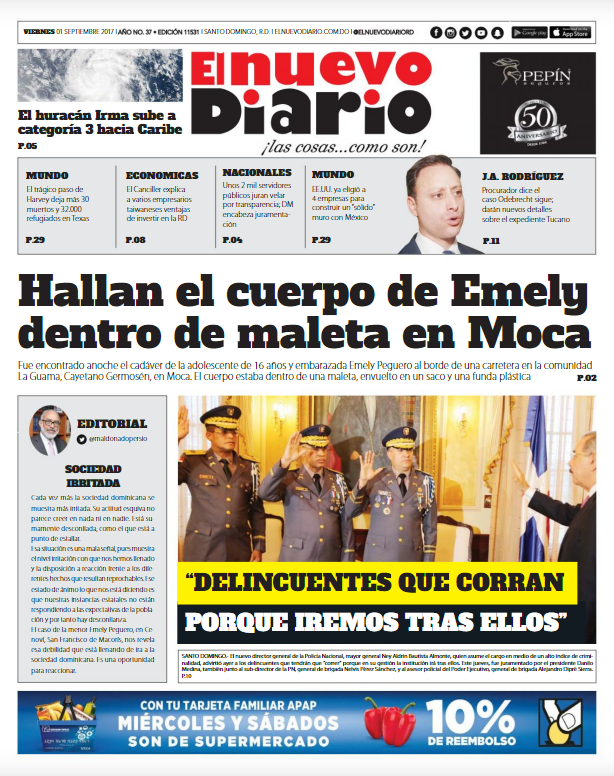 Portada Periódico El Nuevo Diario, Viernes 01 de Septiembre 2017