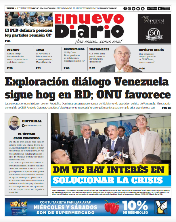 Portada Periódico El Nuevo Diario, Viernes 15 de Septiembre 2017
