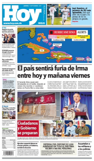 Portada Periódico Hoy, Jueves 07 de Septiembre 2017