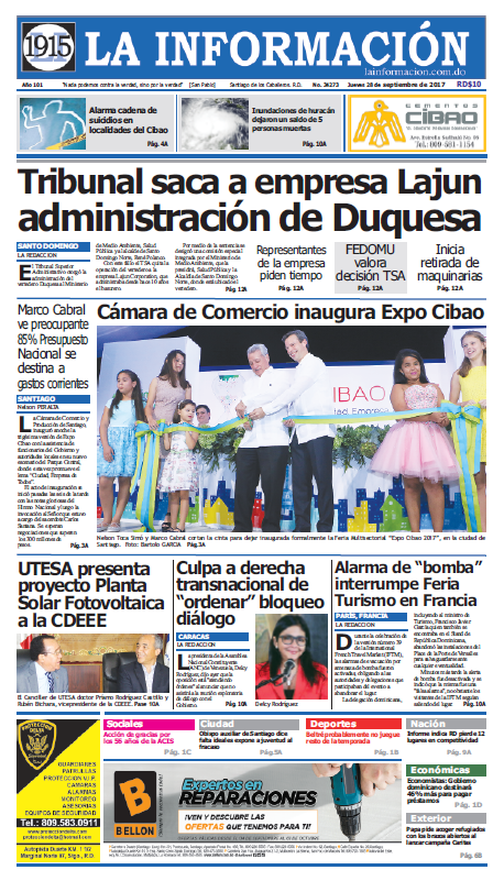 Portada Periódico La Información, Jueves 28 de Septiembre 2017