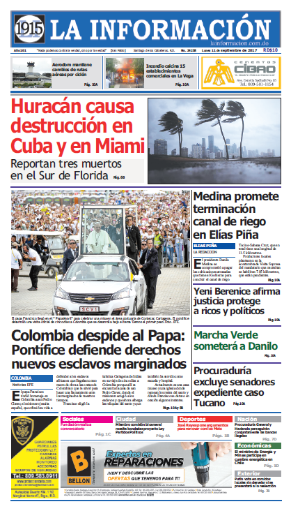Portada Periódico La Información, Lunes 11 de Septiembre 2017