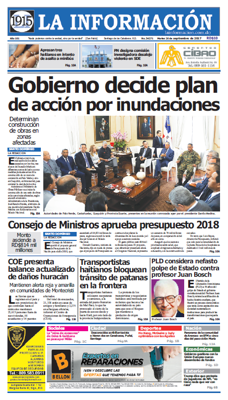 Portada Periódico La Información, Martes 26 de Septiembre 2017