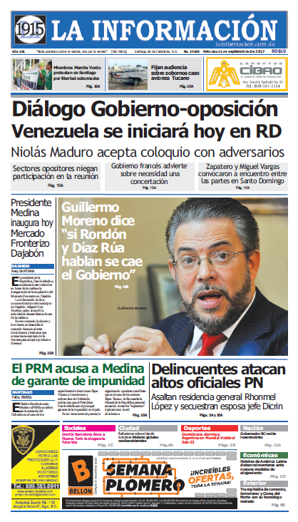 Portada Periódico La Información, Miércoles 13 de Septiembre 2017