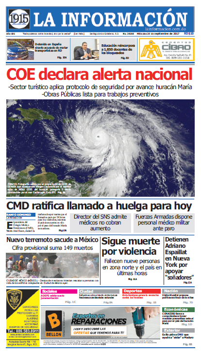 Portada Periódico La Información, Miércoles 20 de Septiembre 2017