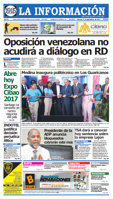 Portada Periódico La Información, Miércoles 27 de Septiembre 2017