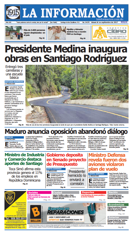 Portada Periódico La Información, Sábado 30 de Septiembre 2017