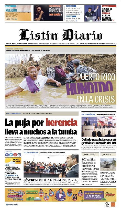 Portada Periódico Listín Diario, Jueves 28 de Septiembre 2017