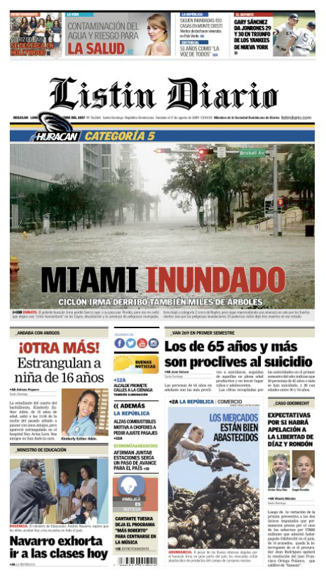 Portada Periódico Listín Diario, Lunes 11 de Septiembre 2017