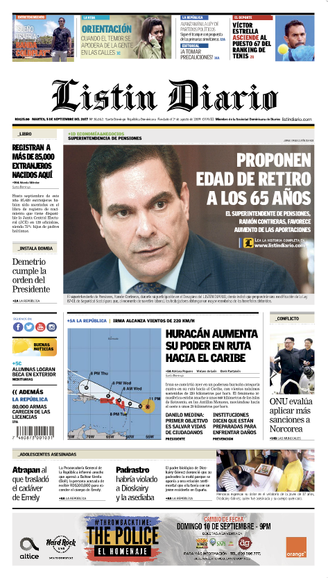 Portada Periódico Listín Diario, Martes 05 de Septiembre 2017