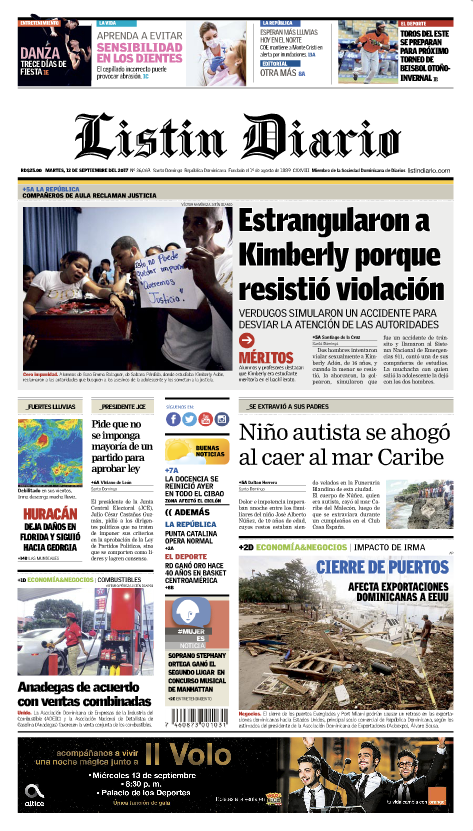 Portada Periódico Listín Diario, Martes 12 de Septiembre 2017