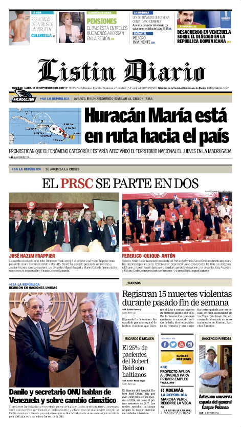 Portada Periódico Listín Diario, Martes 19 de Septiembre 2017