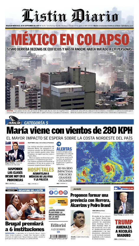 Portada Periódico Listín Diario, Miércoles 20 de Septiembre 2017