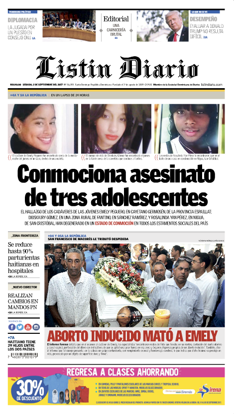 Portada Periódico Listín Diario, Sábado 02 de Septiembre 2017