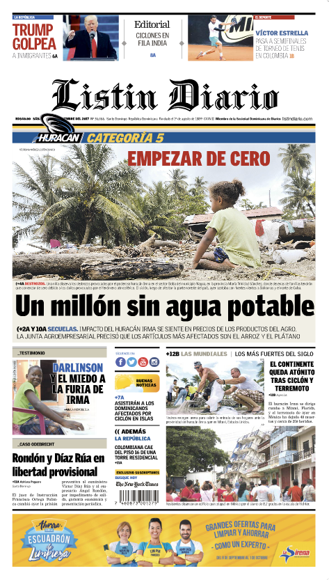 Portada Periódico Listín Diario, Sábado 09 de Septiembre 2017