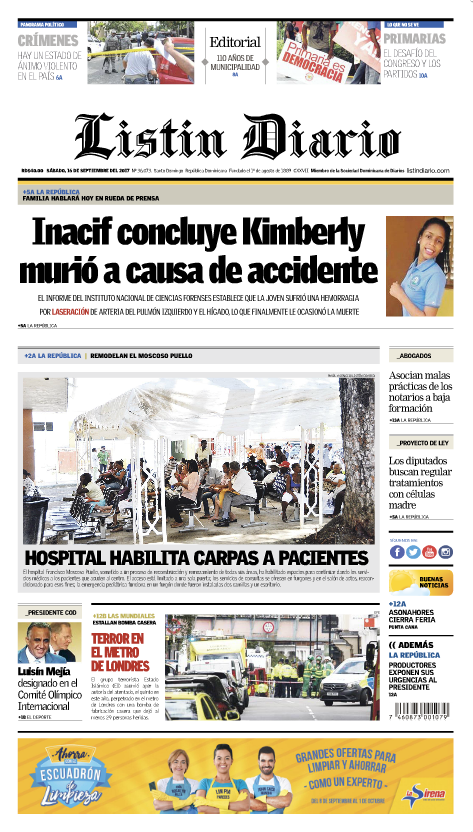 Portada Periódico Listín Diario, Sábado 16 de Septiembre 2017
