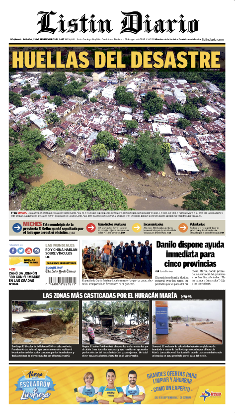 Portada Periódico Listín Diario, Sábado 23 de Septiembre 2017