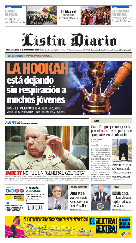Portada Periódico Listín Diario, Sábado 30 de Septiembre 2017