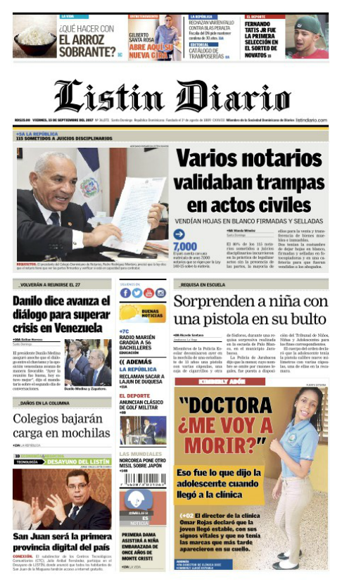 Portada Periódico Listín Diario, Viernes 15 de Septiembre 2017