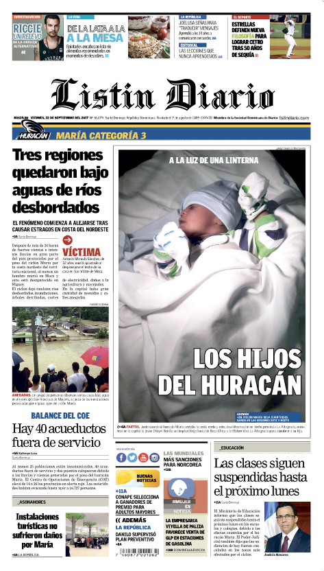Portada Periódico Listín Diario, Viernes 22 de Septiembre 2017