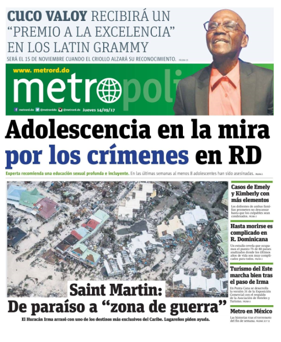 Portada Periódico Metro, Jueves 14 de Septiembre 2017