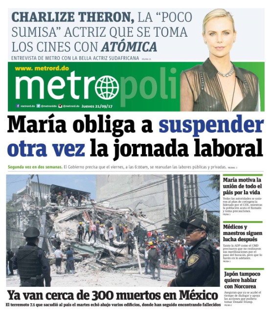 Portada Periódico Metro, Jueves 21 de Septiembre 2017