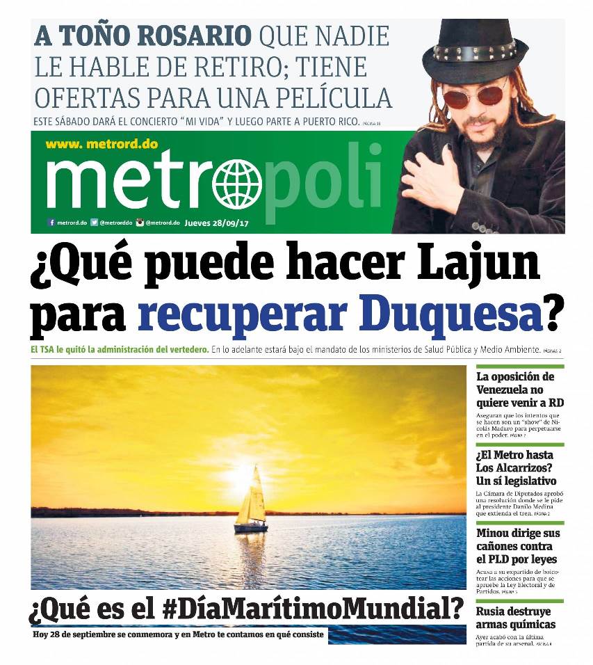 Portada Periódico Metro, Jueves 28 de Septiembre 2017