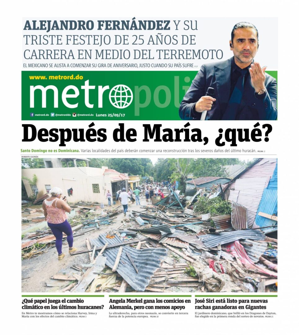 Portada Periódico Metro, Lunes 25 de Septiembre 2017