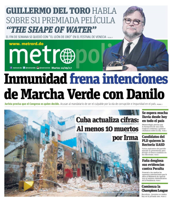 Portada Periódico Metro, Martes 12 de Septiembre 2017