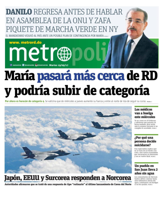 Portada Periódico Metro, Martes 19 de Septiembre 2017