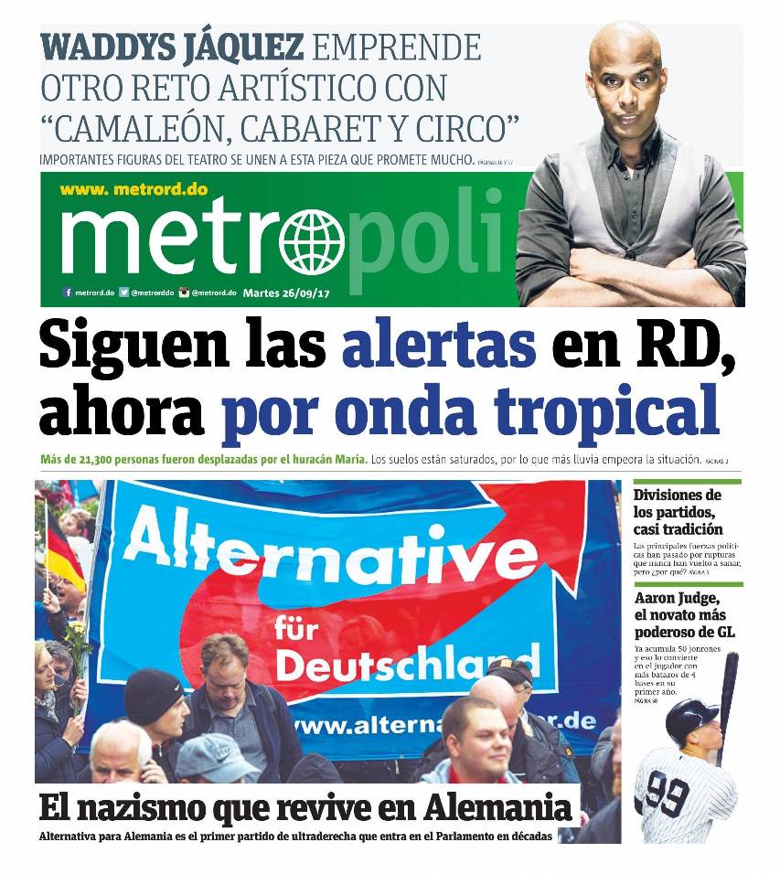 Portada Periódico Metro, Martes 26 de Septiembre 2017