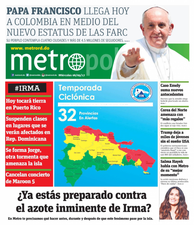 Portada Periódico Metro, Miércoles 06 de Septiembre 2017