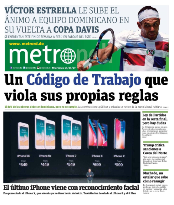 Portada Periódico Metro, Miércoles 13 de Septiembre 2017