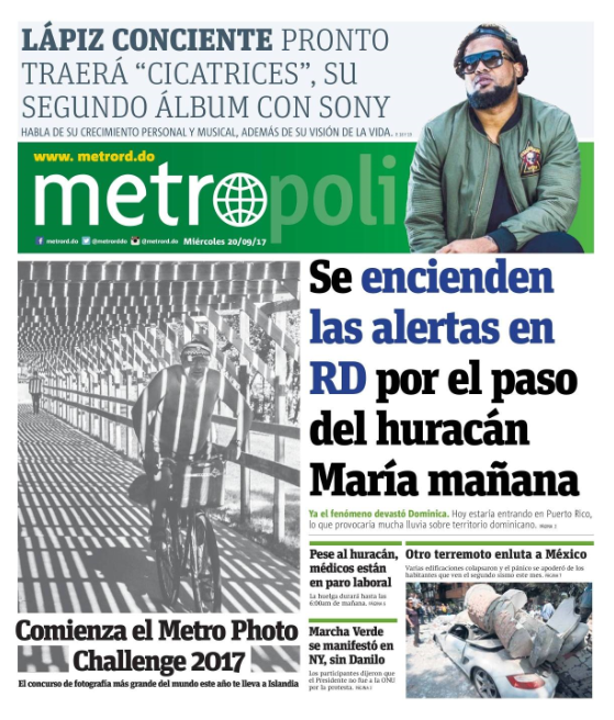 Portada Periódico Metro, Miércoles 20 de Septiembre 2017