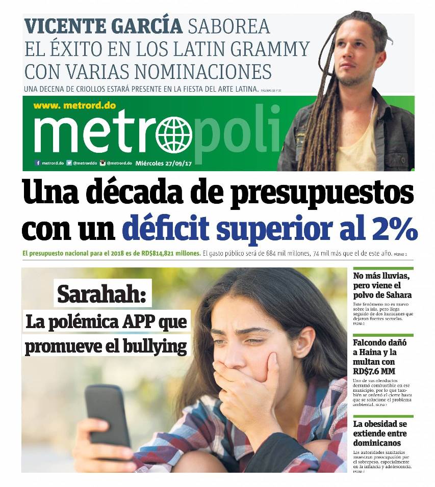 Portada Periódico Metro, Miércoles 27 de Septiembre 2017
