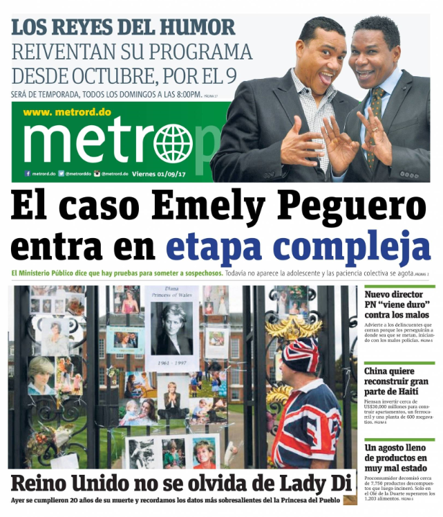 Portada Periódico Metro, Viernes 01 de Septiembre 2017