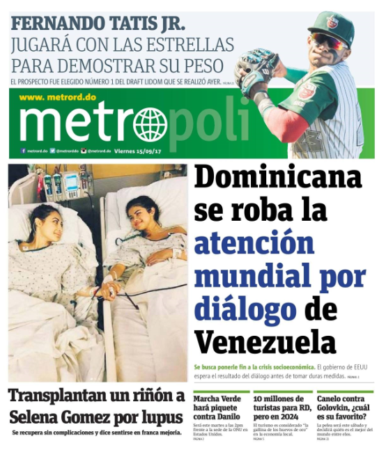 Portada Periódico Metro, Viernes 15 de Septiembre 2017