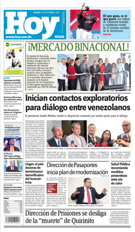 Portada Periódico Periódico Hoy, Jueves 14 de Septiembre 2017
