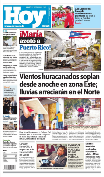 Portada Periódico Periódico Hoy, Jueves 21 de Septiembre 2017