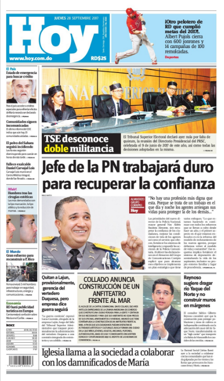 Portada Periódico Periódico Hoy, Jueves 28 de Septiembre 2017