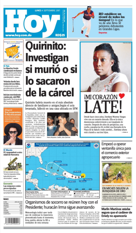 Portada Periódico Periódico Hoy, Lunes 04 de Septiembre 2017
