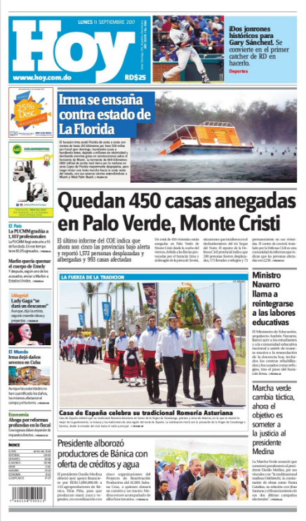 Portada Periódico Periódico Hoy, Lunes 11 de Septiembre 2017