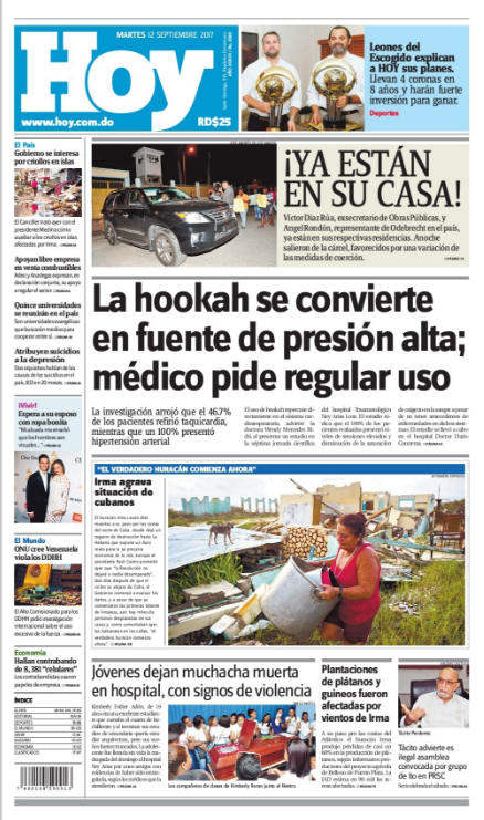 Portada Periódico Periódico Hoy, Martes 12 de Septiembre 2017