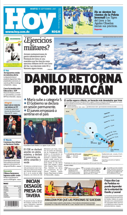 Portada Periódico Periódico Hoy, Martes 19 de Septiembre 2017