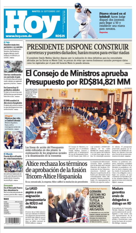 Portada Periódico Periódico Hoy, Martes 26 de Septiembre 2017