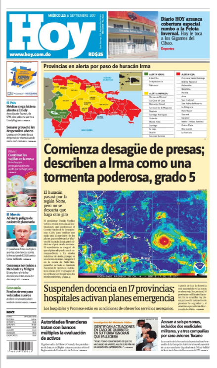 Portada Periódico Periódico Hoy, Miércoles 06 de Septiembre 2017